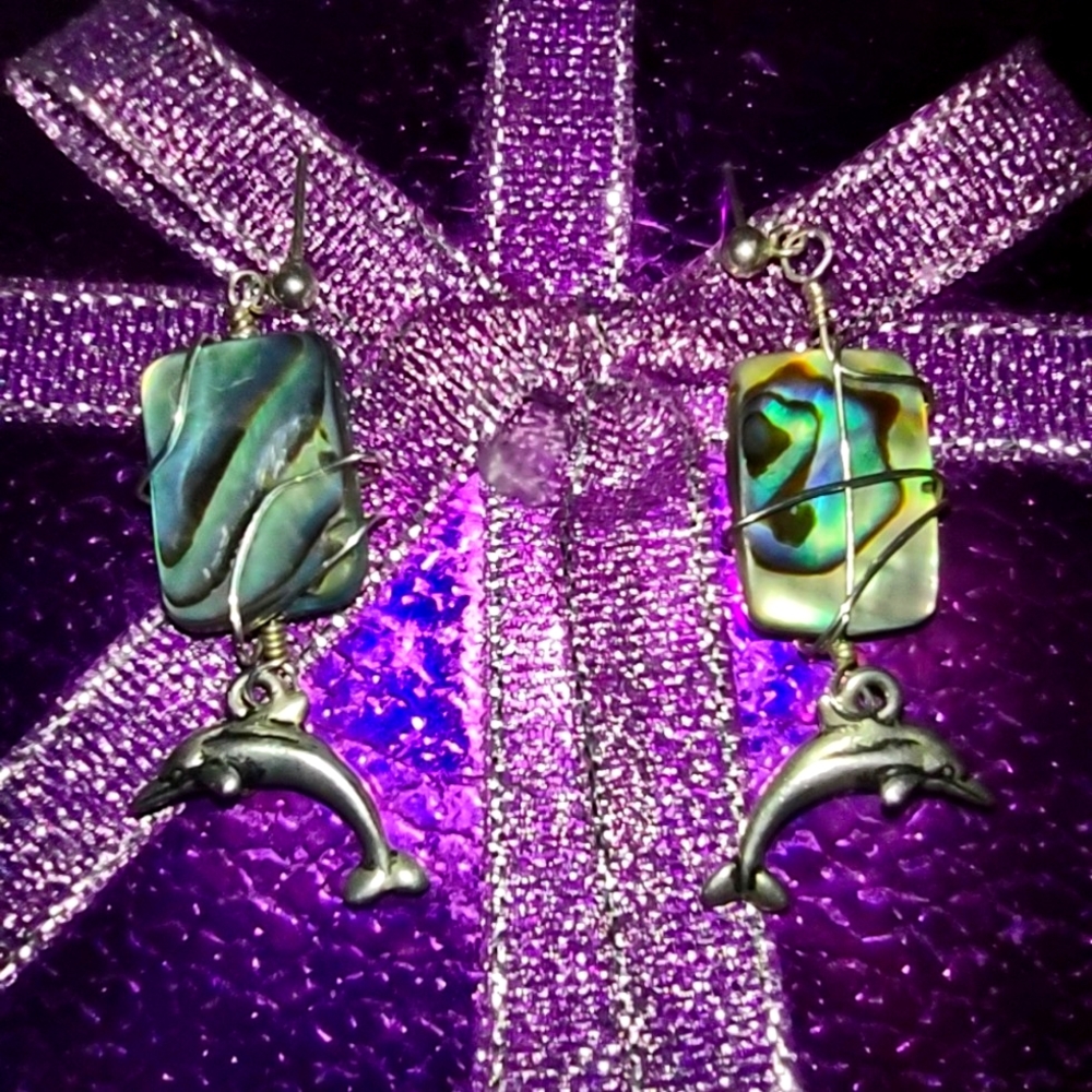 Paula Abalone and Sterling Dolphin Dangle Earrings